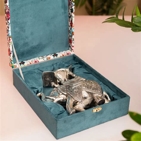 Shop German Silver Ambabari Elephant Statue Decor I The Zappy Box
