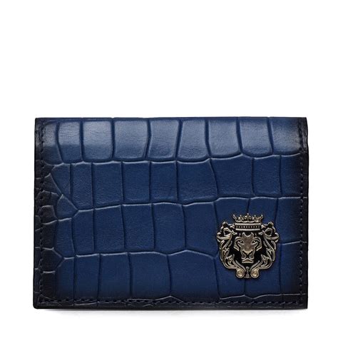 Deep Cut Blue Croco Leather Card Holder with Metal Lion Logo by Brune