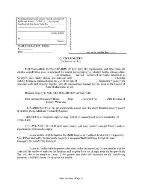 Quitclaim Deed Individual to LLC - Blank Fillable Template | Fill Out ...