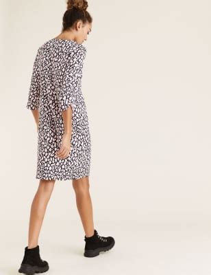 Crepe Animal Print V-Neck Shift Dress