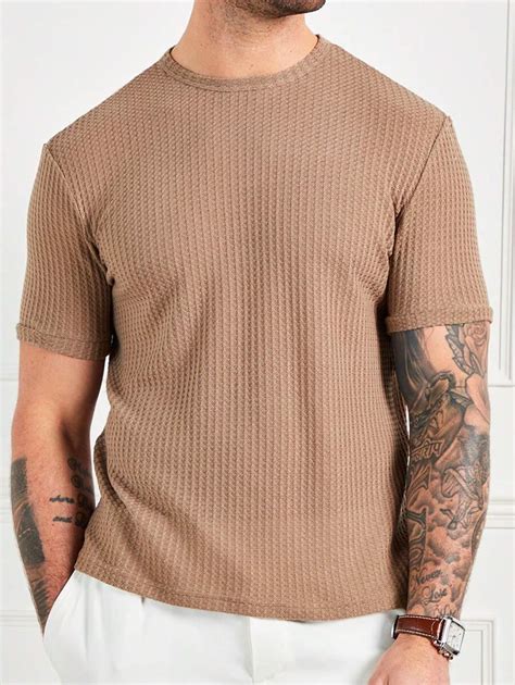 Forever 21 Men's Casual Khaki Waffle Texture Short-Sleeved T-Shirt ...