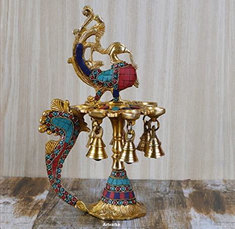 Artvarko 1 Feet Large Brass Peacock Design Multi Oil Wick Diya Lamp ...