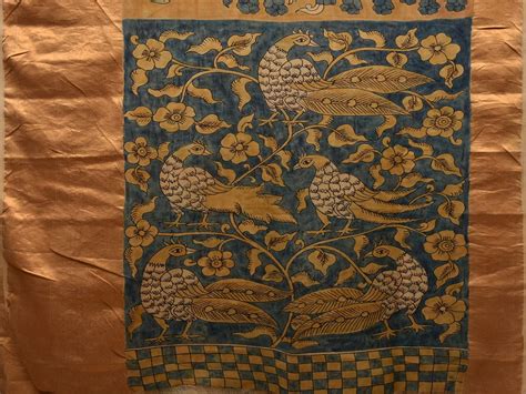 Yellow and Blue Kalamkari Hand Painted Kanchipuram Silk Handloom Saree ...
