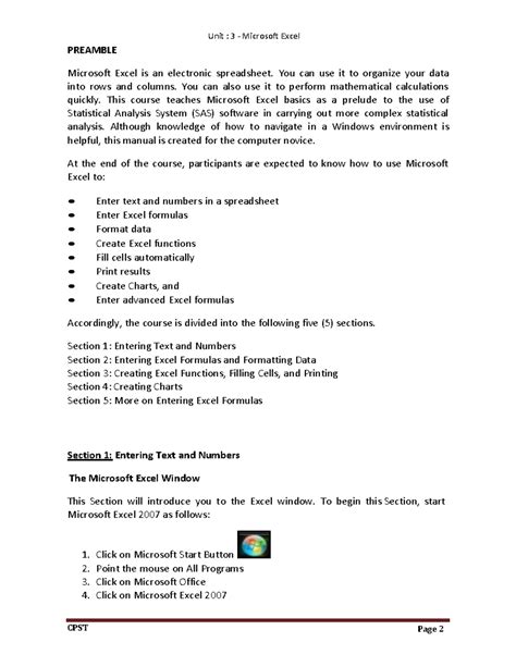Unit 3 - Excel Notes - Microsoft Word Basics - PREAMBLE Microsoft Excel ...