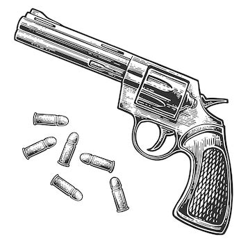 Revólver com balas. gravura ilustração vintage | Vetor Premium