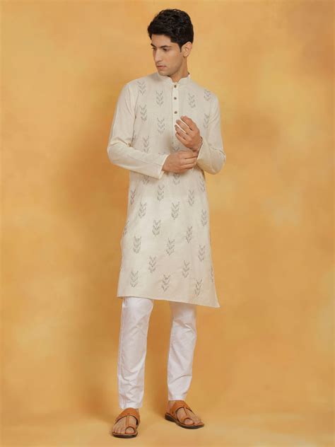 Vastramay Men's Cream And White Cotton Cool Kurta Pyjama Set – vastramay