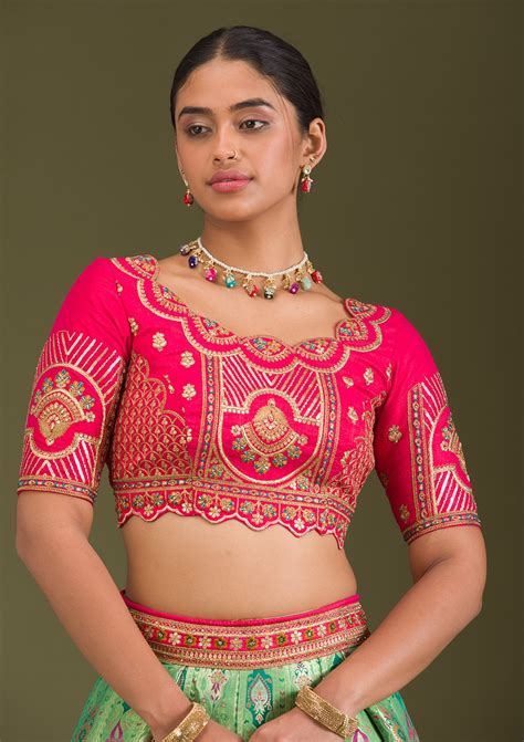 Buy Leaf Green Zariwork Banarasi Readymade Lehenga - Koskii