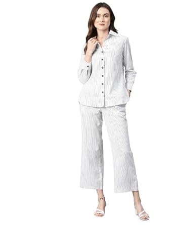 Buy Cottinfab Women White Striped Shirt Co-Ord Set Ankle Length Long ...