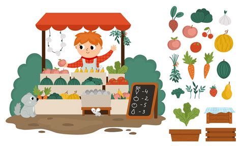 Vector farmer selling fruit and vegetables in a street stall icon. Cute ...