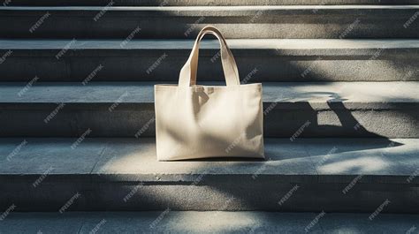 Tote bag mockup template on concrete stairs with sunlit deep shadows ...