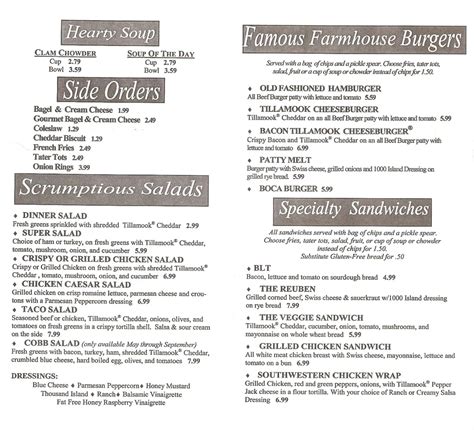 Menu at Tillamook Creamery restaurant, Tillamook, 37 A Ave