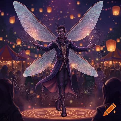 A male pixie sorcerer with dragonfly wings and eight eyes performs magic on a glowing pentagram ...