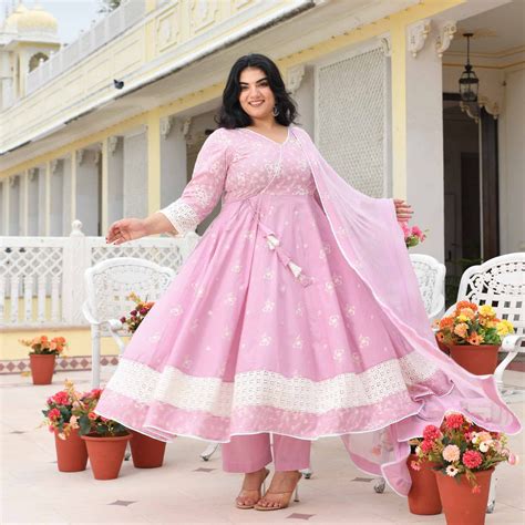 Ruhi Lilac Pure Cotton Embroidered Plus Size Anarkali Set | Meera's