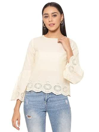 HOUSE OF KKARMA Women Cream-Coloured Embellished Pure Cotton Top (XL ...