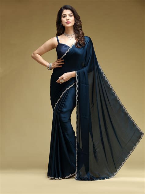 Dark Blue Satin Crepe Stone Work Fancy Saree – Suvidha Fashion