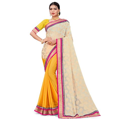 Attractive Yellow-Cream Colored party Wear Georgette Half-Half Saree