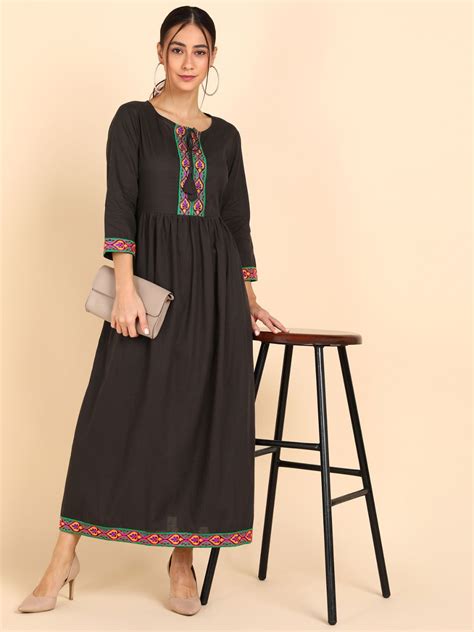 Cotton Embroidered Solid Gathered Waist Maxi Dress - Brown – VEDANA
