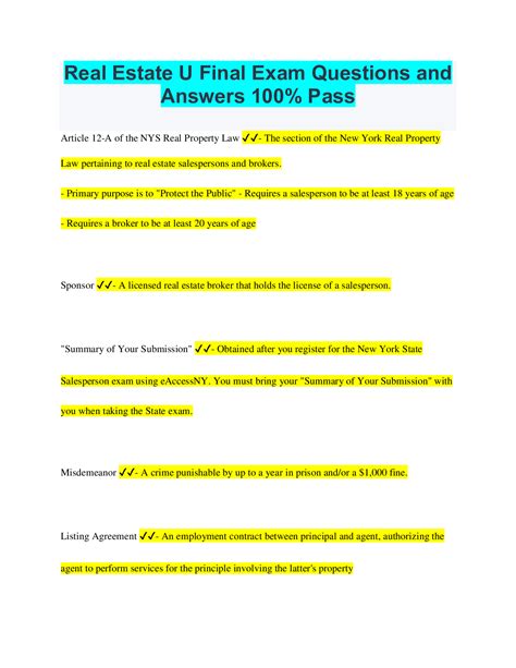 Real Estate U Final Exam Questions and Answers 100% Pass ...