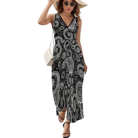 Black And White Paisley Pattern Dress Kawaii Maxi Dress Street Fashion ...