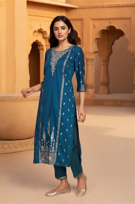 Buy Blue Abstract Floral Sequined Straight Kurta with Trouser and ...