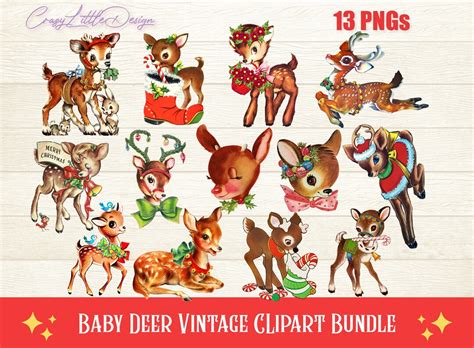 Buy Vintage Deer PNG Clipart Bundle, Christmas Vintage Clipart ...