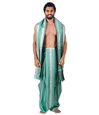 Buy RAMRAJ COTTON Men Green Solid Art Silk Ethnic Panchakacham Dhoti ...