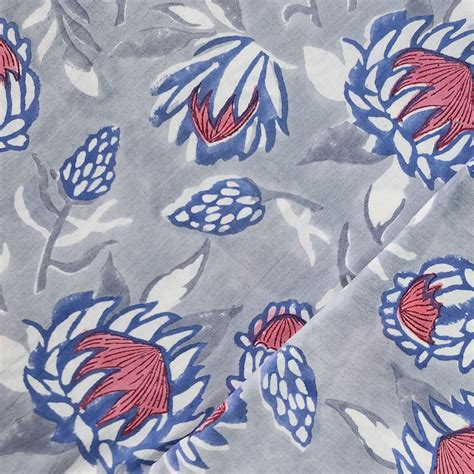 Pure Cotton Jaipuri Grey With Lotus Flower Hand Block Print Fabric ...