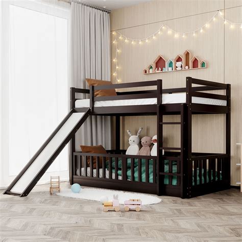 DreamBuck Floor Bunk Bed with Slide, Twin over Twin Bunk Bed for Kids ...