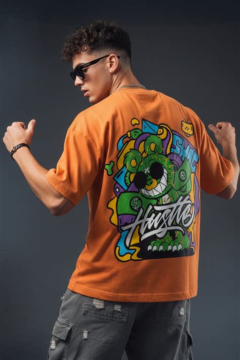 HUSTLE Orange Oversized Back Graphic Printed T-shirt – Veirdo