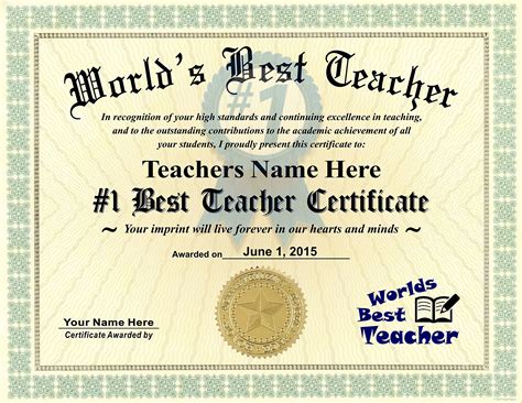 Buy Worlds Best Teacher Certificate Award - Custom Printed by us with ...