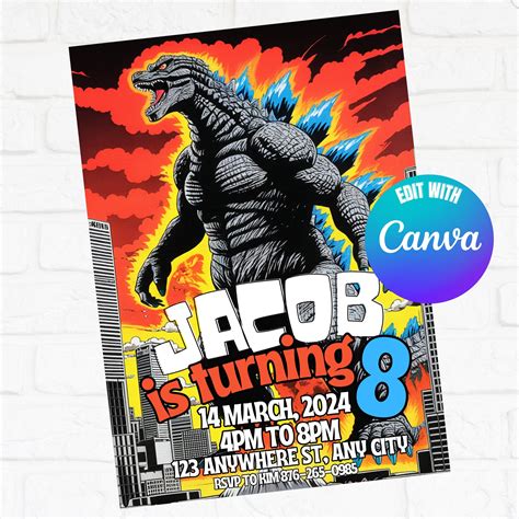 Godzilla Invitation, Godzilla Birthday Invitation, Godzilla Invite, Kid ...