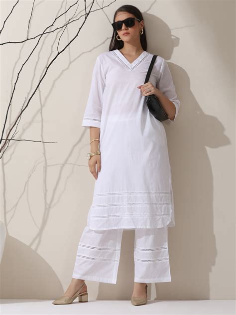2-Piece White Cotton Kurta Set for Women – V-Neck Design with Lace Ins ...