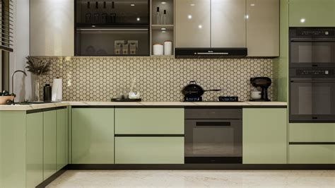 Contemporary Sage Green Kitchen with Hexagonal Tile Backsplash