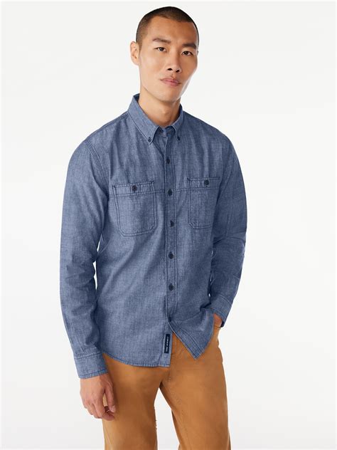 Free Assembly Men's Chambray Shirt, Long Sleeves, Cotton, Sizes XS-3XL ...