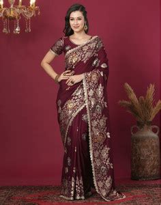 Buy Satrani Woven, Embellished Banarasi Silk Blend, Cotton Blend Maroon ...