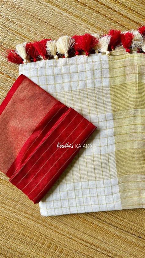 KS1000 - Kerala Red Pearl Linen Handloom Saree – Keerthi's Katalog