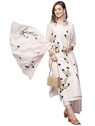 GoSriKi Women's Cotton Blend Straight Printed Kurta with Pant & Dupatta ...