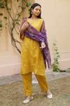 Buy Yellow Chanderi, Organza Sequins, Embroidery Round Neck Work Kurta ...