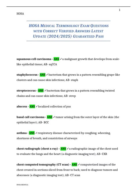 HOSA MEDICAL TERMINOLOGY EXAMs QUESTIONS WITH CORRECT VERIFIED ANSWERS ...