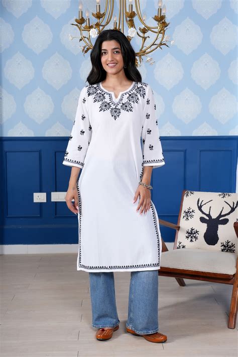Black Embroidery Notch Neck Long Chikankari Kurta – White | Illica ...