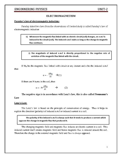ELECTROMAGNETISM UNIT II - Key Concepts for Revision - Studocu