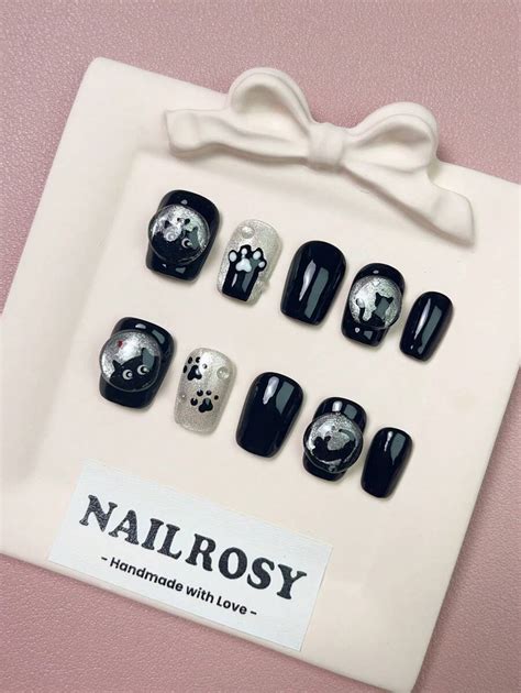 Kit de unhas de pressão artesanais com 10 peças, caixão médio, gato ...