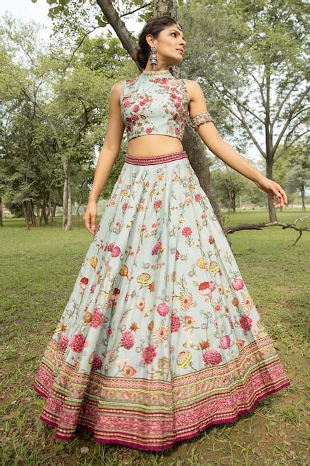 Buy Blue Dola Silk Band Collar Printed Lehenga Set For Women by Kalista ...