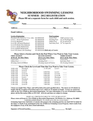 Fillable Online NEIGHBORHOOD SWIMMING LESSONS - City of Bellevue ...
