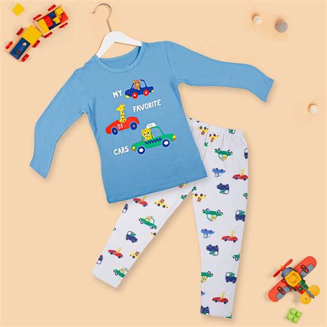 Baby Moo Night Suit Cotton Tshirt And Pyjama My Favourite Car Blue