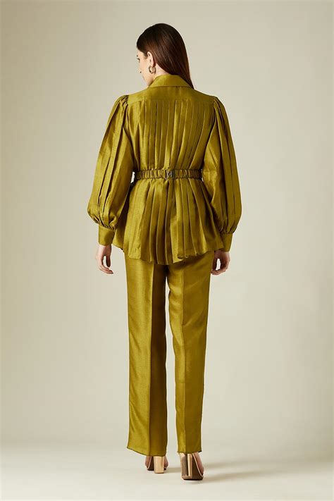 Shop Olive Pleated Co-Ord Set With Embellished Belt by AAKAAR at House ...