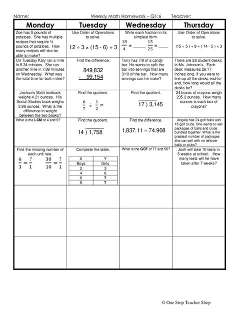 Image result for Weekly Math Homework Answer Key