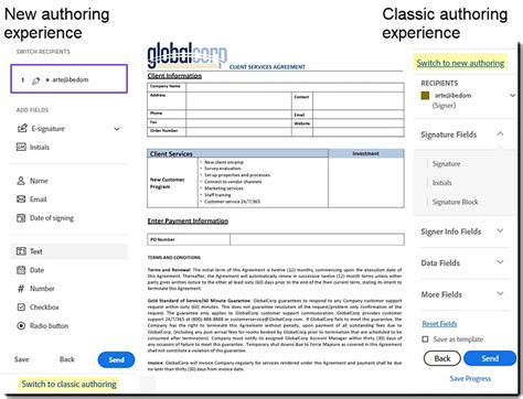 Updated authoring environment when sending agreements