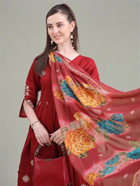 Maroon Roman Silk Embroidered Kurta Set with Dupatta for Women