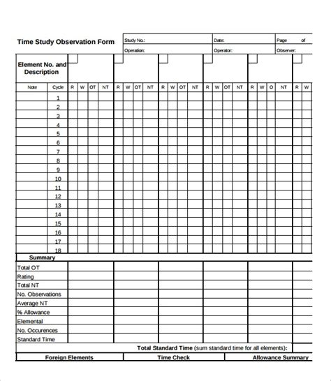 Image result for Time Study Observation Form Excel